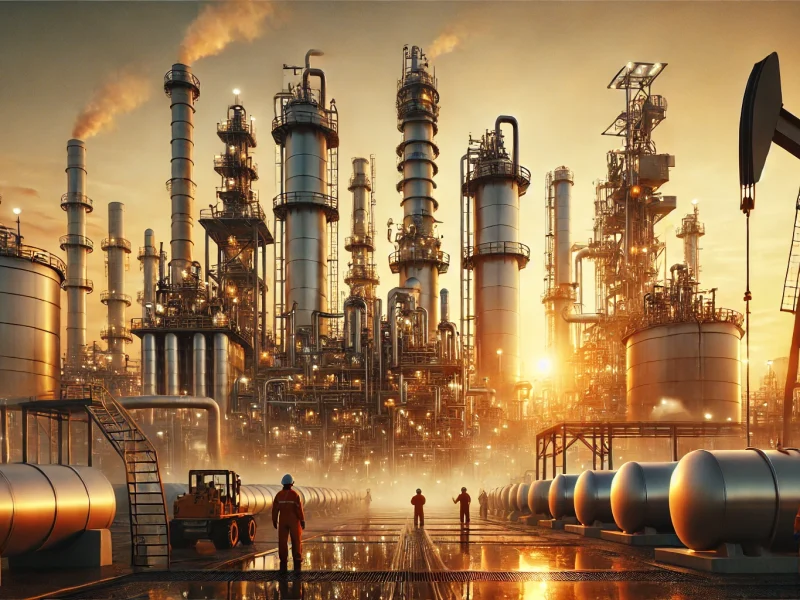 DALL·E 2024-12-24 05.52.34 - A visually stunning oil refinery and exploration site, showcasing towering distillation columns, large storage tanks, pipelines, and oil rigs in the b